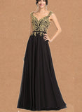 Helena A-line V-Neck Floor-Length Chiffon Lace Evening Dress UKP0020959