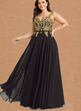 Helena A-line V-Neck Floor-Length Chiffon Lace Evening Dress UKP0020959