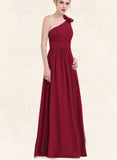 Larissa A-line One Shoulder Floor-Length Chiffon Evening Dress With Flower Pleated UKP0020960