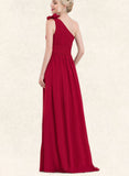 Larissa A-line One Shoulder Floor-Length Chiffon Evening Dress With Flower Pleated UKP0020960