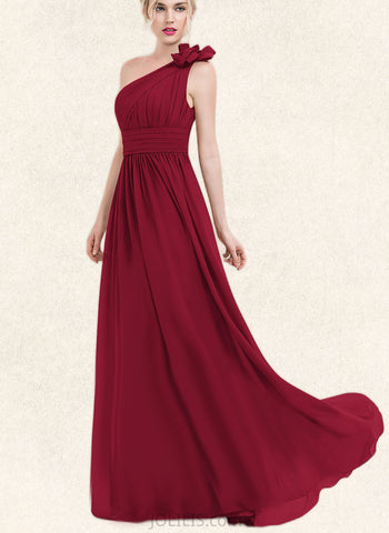 Larissa A-line One Shoulder Floor-Length Chiffon Evening Dress With Flower Pleated UKP0020960