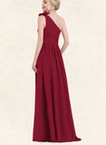 Larissa A-line One Shoulder Floor-Length Chiffon Evening Dress With Flower Pleated UKP0020960