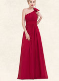 Larissa A-line One Shoulder Floor-Length Chiffon Evening Dress With Flower Pleated UKP0020960