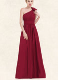 Larissa A-line One Shoulder Floor-Length Chiffon Evening Dress With Flower Pleated UKP0020960