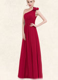 Larissa A-line One Shoulder Floor-Length Chiffon Evening Dress With Flower Pleated UKP0020960