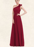 Larissa A-line One Shoulder Floor-Length Chiffon Evening Dress With Flower Pleated UKP0020960