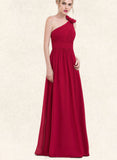 Larissa A-line One Shoulder Floor-Length Chiffon Evening Dress With Flower Pleated UKP0020960