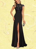 Amelia Sheath/Column High Neck Illusion Floor-Length Lace Stretch Crepe Evening Dress With Sequins UKP0020962