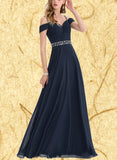 Aleena A-line Cold Shoulder V-Neck Floor-Length Chiffon Evening Dress With Beading Pleated Sequins UKP0020963