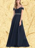 Aleena A-line Cold Shoulder V-Neck Floor-Length Chiffon Evening Dress With Beading Pleated Sequins UKP0020963