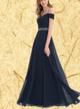 Aleena A-line Cold Shoulder V-Neck Floor-Length Chiffon Evening Dress With Beading Pleated Sequins UKP0020963