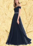 Aleena A-line Cold Shoulder V-Neck Floor-Length Chiffon Evening Dress With Beading Pleated Sequins UKP0020963