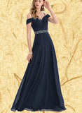 Aleena A-line Cold Shoulder V-Neck Floor-Length Chiffon Evening Dress With Beading Pleated Sequins UKP0020963