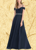 Aleena A-line Cold Shoulder V-Neck Floor-Length Chiffon Evening Dress With Beading Pleated Sequins UKP0020963