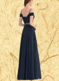 Aleena A-line Cold Shoulder V-Neck Floor-Length Chiffon Evening Dress With Beading Pleated Sequins UKP0020963