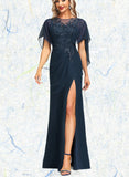 Luna Sheath/Column Scoop Illusion Floor-Length Chiffon Lace Evening Dress With Pleated Sequins UKP0020975