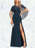 Luna Sheath/Column Scoop Illusion Floor-Length Chiffon Lace Evening Dress With Pleated Sequins UKP0020975