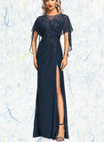 Luna Sheath/Column Scoop Illusion Floor-Length Chiffon Lace Evening Dress With Pleated Sequins UKP0020975