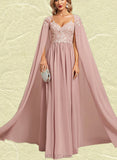 Dixie A-line V-Neck Floor-Length Chiffon Lace Evening Dress UKP0020976