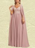 Dixie A-line V-Neck Floor-Length Chiffon Lace Evening Dress UKP0020976