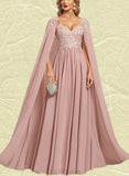 Dixie A-line V-Neck Floor-Length Chiffon Lace Evening Dress UKP0020976