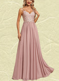 Dixie A-line V-Neck Floor-Length Chiffon Lace Evening Dress UKP0020976