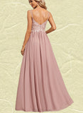 Dixie A-line V-Neck Floor-Length Chiffon Lace Evening Dress UKP0020976