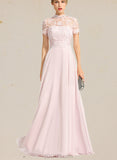 Ana A-line High Neck Floor-Length Chiffon Lace Evening Dress UKP0020977