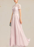 Ana A-line High Neck Floor-Length Chiffon Lace Evening Dress UKP0020977