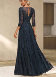 Elisabeth A-line Scoop Illusion Floor-Length Lace Tulle Evening Dress With Sequins UKP0020983