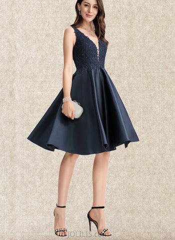 Angie A-line V-Neck Knee-Length Lace Satin Cocktail Dress With Beading UKP0020984