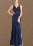 Alexis Trumpet/Mermaid V-Neck Floor-Length Lace Tulle Evening Dress With Sequins UKP0020986