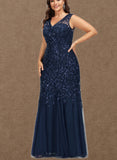 Alexis Trumpet/Mermaid V-Neck Floor-Length Lace Tulle Evening Dress With Sequins UKP0020986