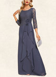 Brisa A-line Scoop Floor-Length Chiffon Lace Evening Dress With Flower Cascading Ruffles UKP0020988