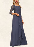 Brisa A-line Scoop Floor-Length Chiffon Lace Evening Dress With Flower Cascading Ruffles UKP0020988