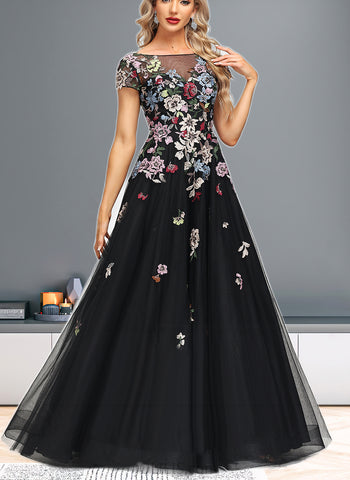 Taniya A-line Boat Neck Illusion Floor-Length Lace Tulle Evening Dress UKP0020989