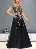 Taniya A-line Boat Neck Illusion Floor-Length Lace Tulle Evening Dress UKP0020989