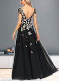 Taniya A-line Boat Neck Illusion Floor-Length Lace Tulle Evening Dress UKP0020989