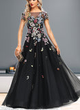 Taniya A-line Boat Neck Illusion Floor-Length Lace Tulle Evening Dress UKP0020989