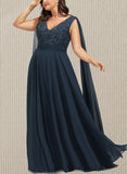 Cheyenne A-line V-Neck Floor-Length Chiffon Lace Evening Dress With Sequins UKP0020990