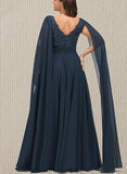 Cheyenne A-line V-Neck Floor-Length Chiffon Lace Evening Dress With Sequins UKP0020990