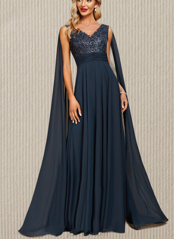 Cheyenne A-line V-Neck Floor-Length Chiffon Lace Evening Dress With Sequins UKP0020990