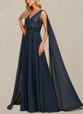 Cheyenne A-line V-Neck Floor-Length Chiffon Lace Evening Dress With Sequins UKP0020990