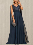 Cheyenne A-line V-Neck Floor-Length Chiffon Lace Evening Dress With Sequins UKP0020990