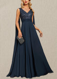 Cheyenne A-line V-Neck Floor-Length Chiffon Lace Evening Dress With Sequins UKP0020990