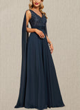 Cheyenne A-line V-Neck Floor-Length Chiffon Lace Evening Dress With Sequins UKP0020990