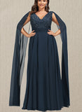 Cheyenne A-line V-Neck Floor-Length Chiffon Lace Evening Dress With Sequins UKP0020990