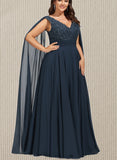 Cheyenne A-line V-Neck Floor-Length Chiffon Lace Evening Dress With Sequins UKP0020990