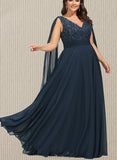 Cheyenne A-line V-Neck Floor-Length Chiffon Lace Evening Dress With Sequins UKP0020990