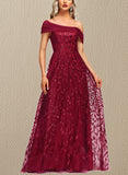 Joyce A-line Off the Shoulder Floor-Length Lace Tulle Evening Dress With Pleated Sequins UKP0020992